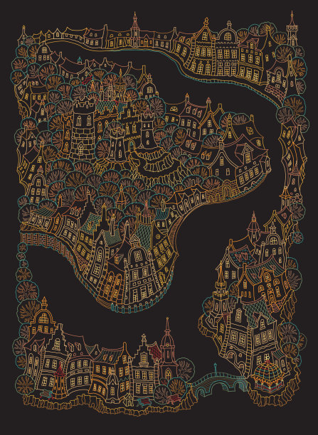 带有小型中世纪欧洲建筑和城堡的向量幻想城市景观。童话老城的街道，房子。手绘涂鸦草图。t恤黄色和黑色印刷，书封面，小册子图片下载