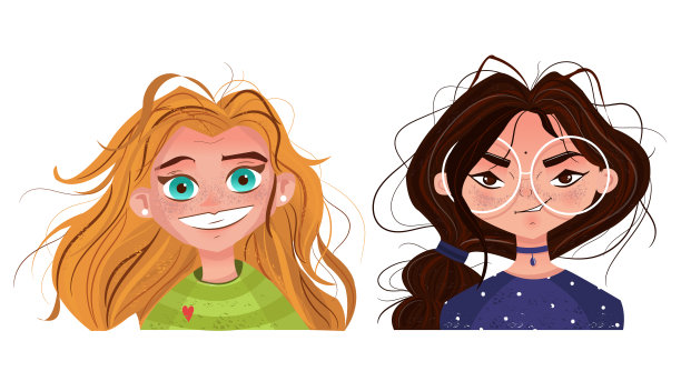 角色情绪化身可爱的女孩，红发，浅发，戴着眼镜图片下载