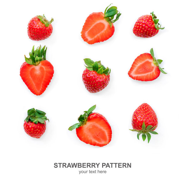 孤立的草莓水果。夏季图案草莓整体和切成两半孤立在白色背景，平铺图片下载