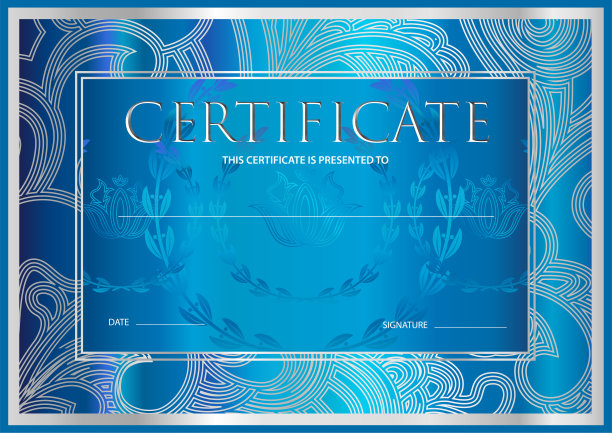 证书，文凭(金色设计模板，彩色背景)与花，金银丝图案，卷轴边框，蓝色框图片下载