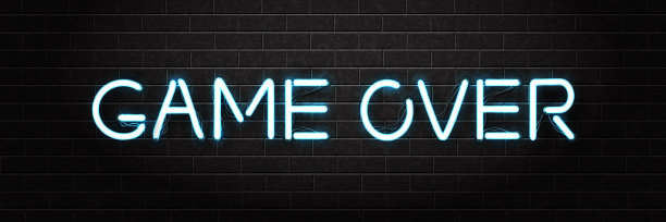矢量现实隔离霓虹标志的Game Over字体装饰和覆盖在墙壁背景。游戏的概念。图片下载