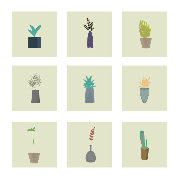 一套扁平风格的彩色室内植物。家庭装饰植物。室内花卉的向量收集。图片下载