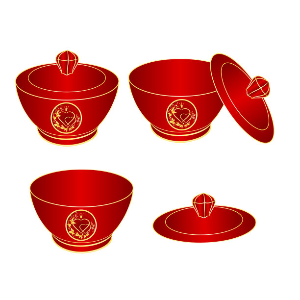 Sugar bowl of red porcelain gold ornament heart with crown and leaves vintage vector插图可编辑图片下载