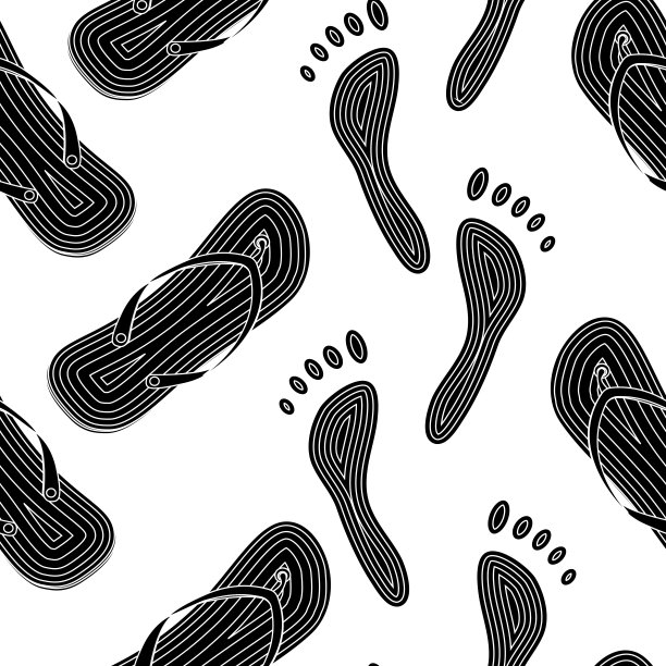 无缝图案与轮廓图像的沙滩拖鞋和足迹上的沙子。快乐的夏天图形纺织品，盘子，明信片和海报关于夏天，海滩和旅游。矢量图。图片下载