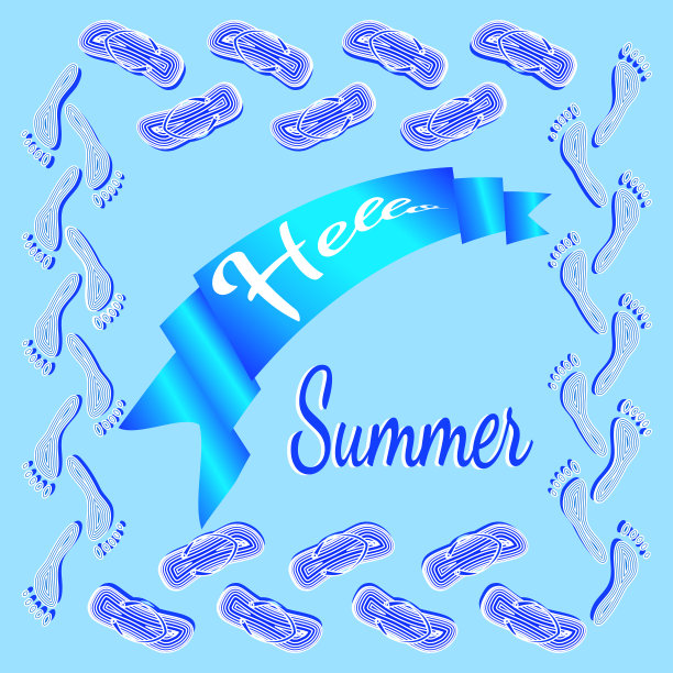 夏画与文字你好夏画。沙滩的影像，拖鞋，脚印。你可以用它来设计明信片、传单、贴纸。图片下载
