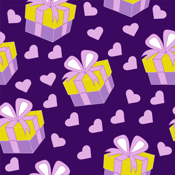 矢量无缝模式礼盒惊喜包装与蝴蝶结紫色背景图片下载