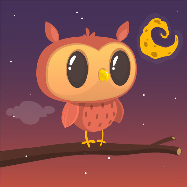 卡通猫头鹰坐在树枝上，背景是满月素材图片
