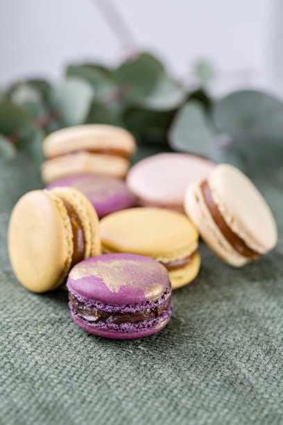 特写:白色木桌上五颜六色的法国或意大利马卡龙。马卡龙是法国甜点，配茶或咖啡。壁纸、垂直照片图片下载