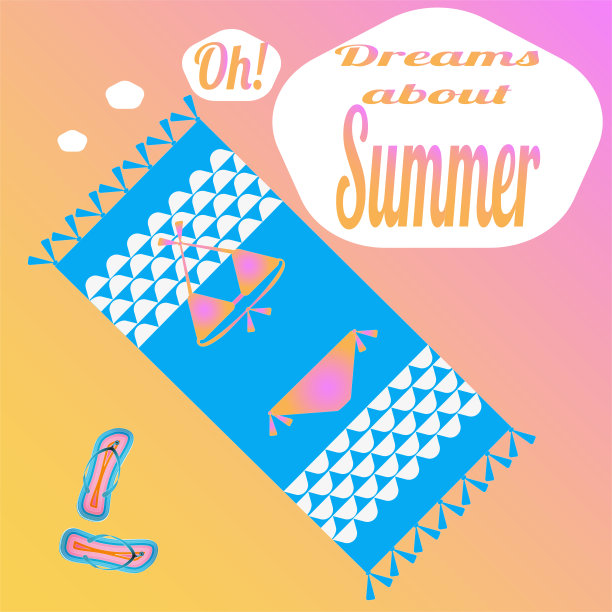 明亮的夏天模式。沙滩，毛巾，游泳衣，人字拖。短信哦，梦见夏天。图片下载