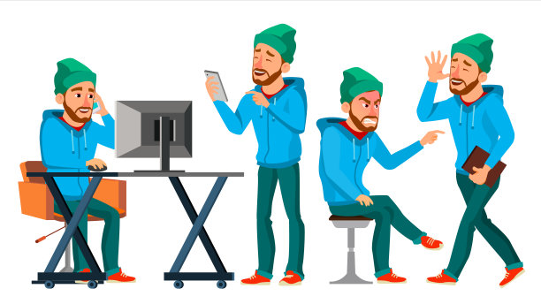 商人性格向量。工作的男性。环境的过程。启动。有胡子的。工人,自由职业者。完整的长度。程序员开发人员,经理。表达式。平面商业人物插图图片下载