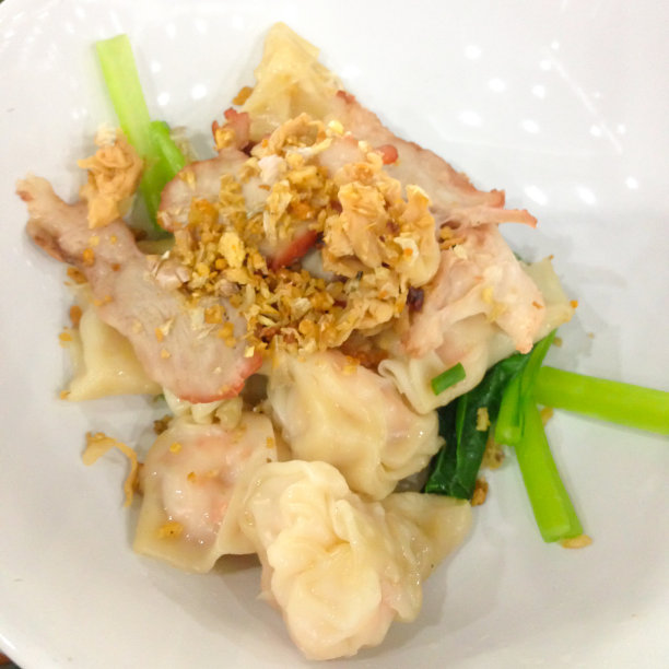 白碗叉烧红猪肉、饺子、白菜素材图片