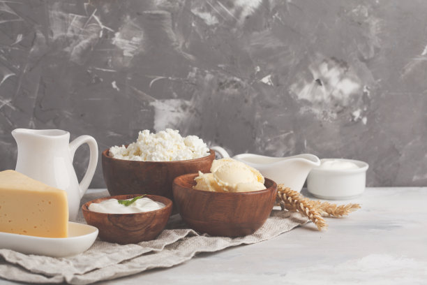 不同类型的乳制品在白灰背景下，复制空间。食品背景，健康食品理念图片下载