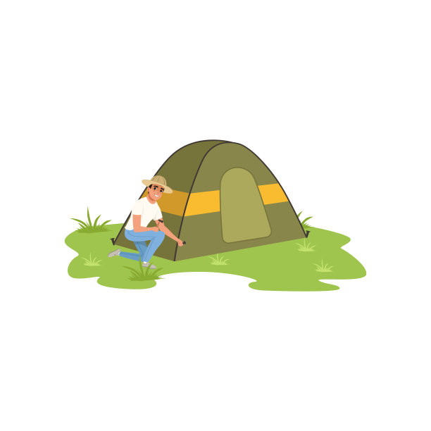 微笑的男子坐在附近的旅游帐篷，旅游，露营和放松的概念，夏季度假矢量插图上的白色背景图片下载