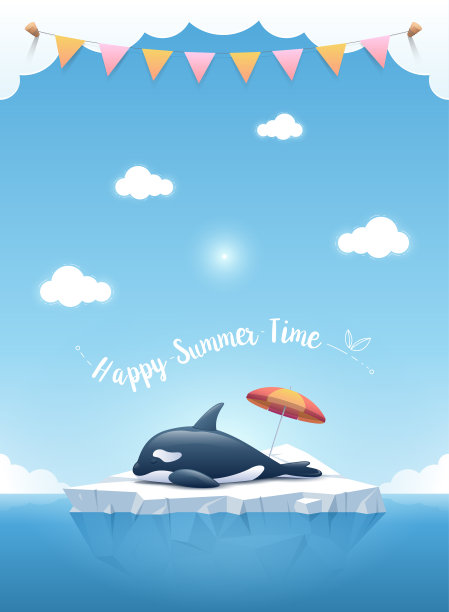 可爱的虎鲸或虎鲸睡在冰山上，上面写着“夏天快乐”的短信，并在顶上的云上挂着彩带。漂浮在蓝色海洋中的冰山。夏天背景的概念。矢量插图。图片下载