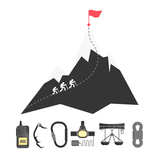 登山设备，登山者攀登的山。矢量插图。图片下载