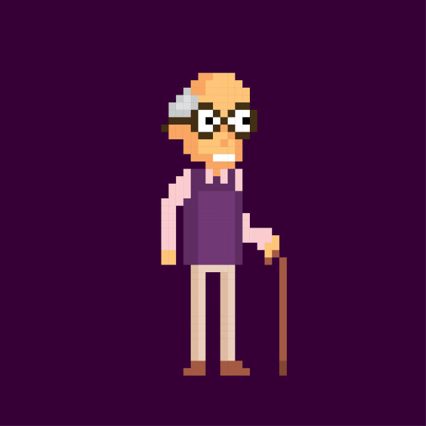 年长的绅士与手杖细长的棍子与弯曲的手柄。Pixelart图标。老式的电脑图形风格。用于标识、贴纸、网页、手机应用的装饰元素设计。游戏资产8位精灵图片下载