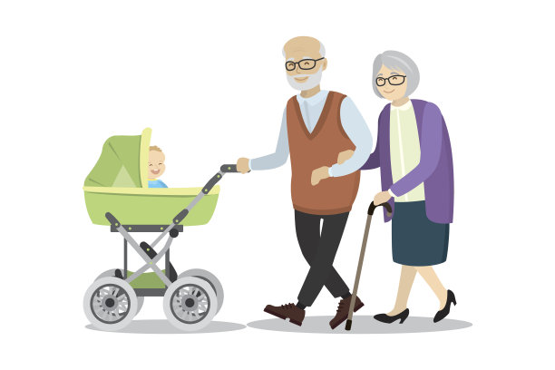 祖母和祖父推着婴儿车和婴儿图片下载