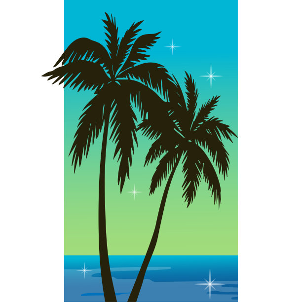 棕榈树剪影蓝色日落在矩形框图片下载