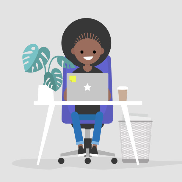 年轻的黑人女性角色在办公室里用笔记本电脑工作。内部。日常生活。千禧一代在起作用。平面可编辑矢量插图，剪辑艺术图片下载