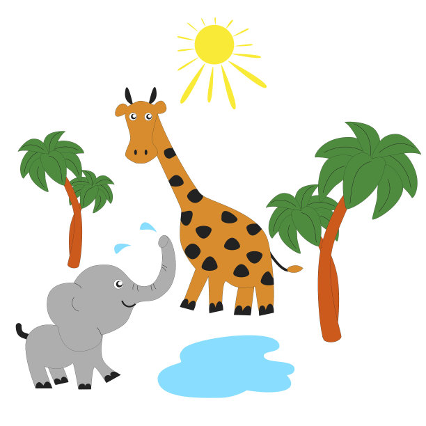 大草原上的大象和长颈鹿。素材图片