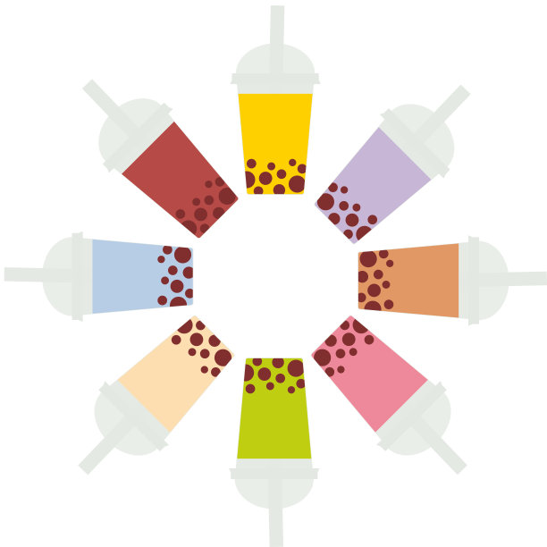 珍珠奶茶配上不同的水果和浆果。圆框牛奶鸡尾酒在塑料杯，小管。不同种类的气泡茶鸡尾酒。柔和的颜色孤立在白色背景上。向量素材图片