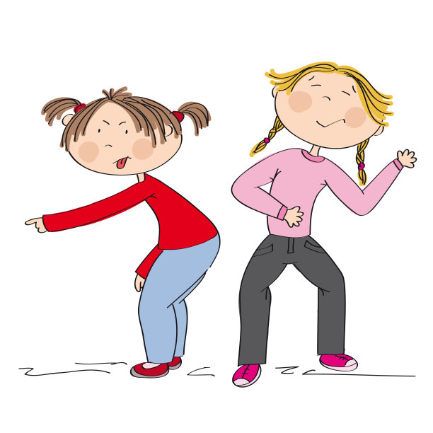两个女孩在展示什么东西，可能冒犯了某人，嘲笑和欺凌。一个女孩在吐舌头，另一个在大声笑。手绘插画原图图片下载