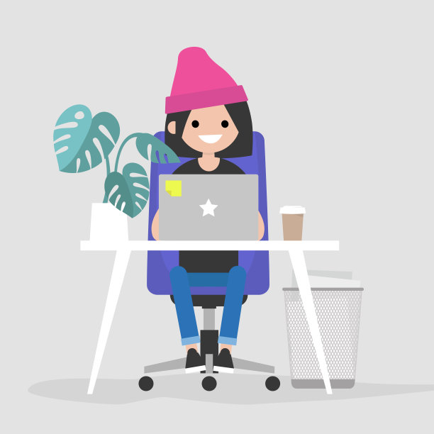 年轻女性角色在办公室用笔记本电脑工作。内部。日常生活。千禧一代在起作用。平面可编辑矢量插图，剪辑艺术图片下载