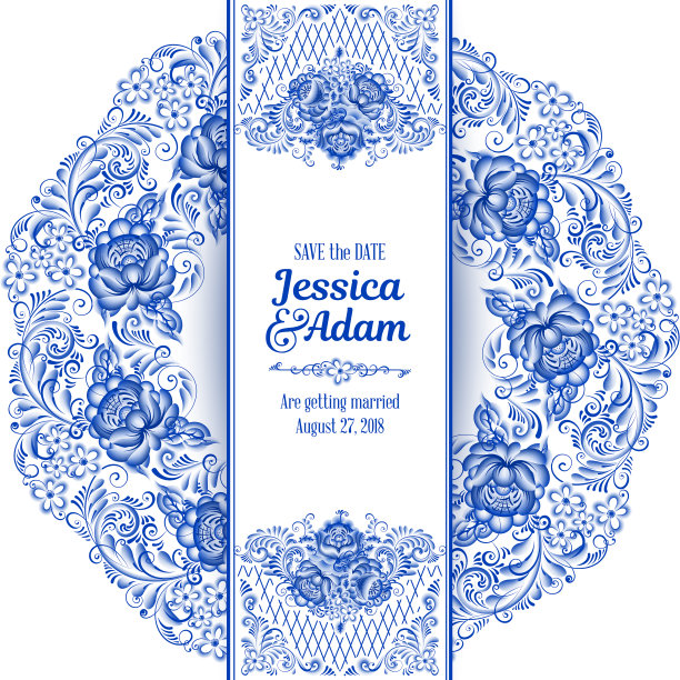 邀请卡在俄罗斯绘画风格的gzhel图片下载