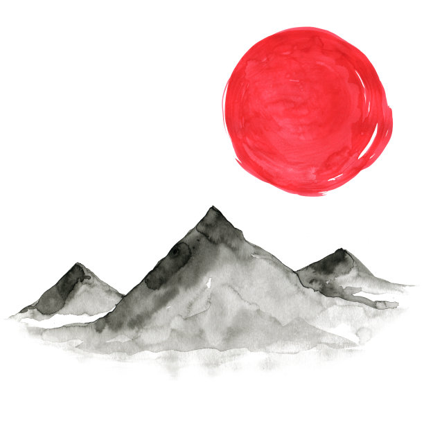 日本风格的山。水彩手绘插画素材图片