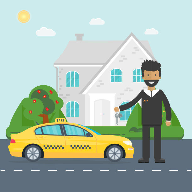 机器黄色出租车与司机在城市。公共出租车服务图片下载