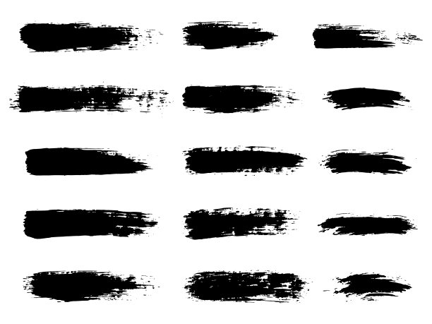 彩色垃圾条纹套装。黑色标签，背景，油漆纹理。画笔描边向量。手工制作的设计元素。图片下载