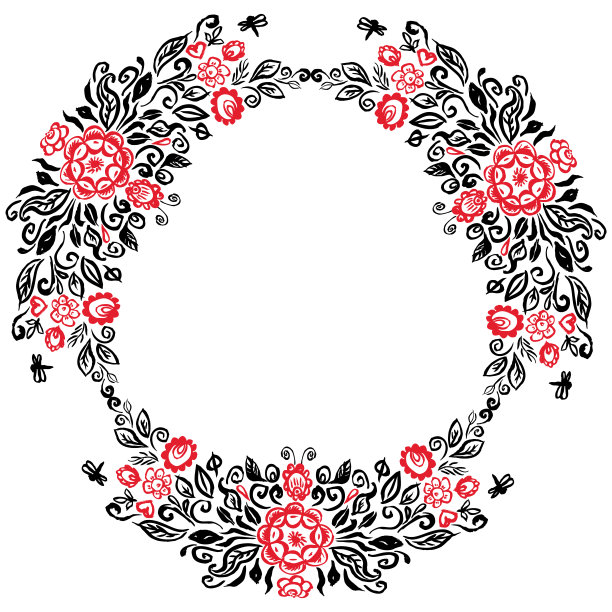 美丽的卡片与不同的花的圆形夏季花环民间艺术花卉装饰复古优雅的婚礼邀请红黑孤立在白色的背景。向量图片下载