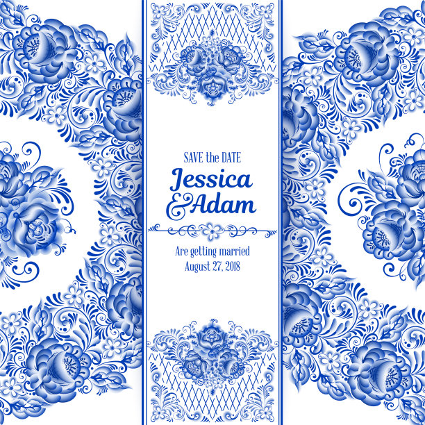 邀请卡在俄罗斯绘画风格的gzhel图片下载