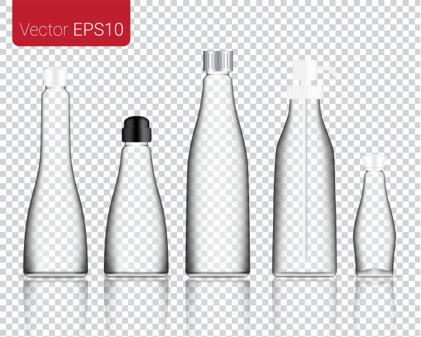 模拟现实的玻璃食物和饮料瓶孤立在一个透明的背景设置背景。图片下载