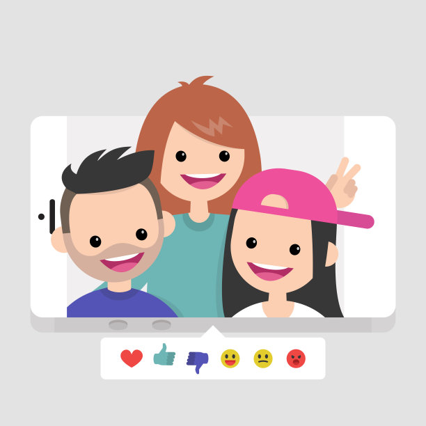 千禧一代在自拍。年轻的朋友玩得很开心。生活方式的技术。移动应用程序。社交媒体图标。反应:大拇指向上，大拇指向下，表情符号。这张照片。图片下载