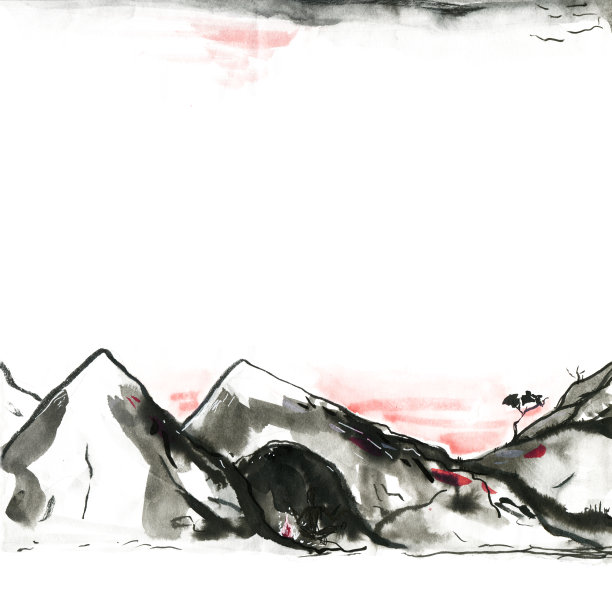 日本风格的山。水彩手绘插画素材图片