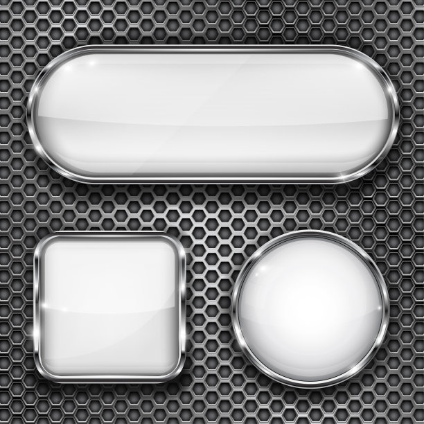 金属穿孔背景上的白色玻璃按钮图片下载