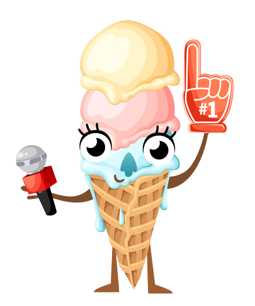 华夫筒冰淇淋球。带有泡沫手和麦克风的卡通冰淇淋吉祥物。矢量插图孤立在白色背景。网站页面和移动应用程序设计图片下载