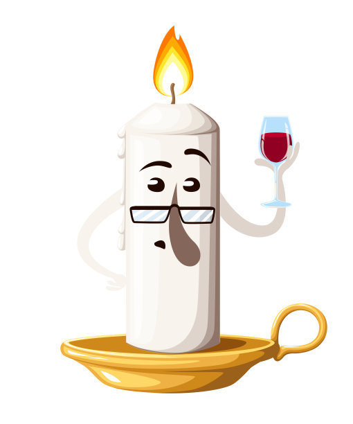 卡通吉祥物的蜡烛。蜡烛配酒杯配酒杯。金色烛台上燃烧的蜡烛。矢量插图孤立在白色背景。网站页面和移动应用程序设计图片下载