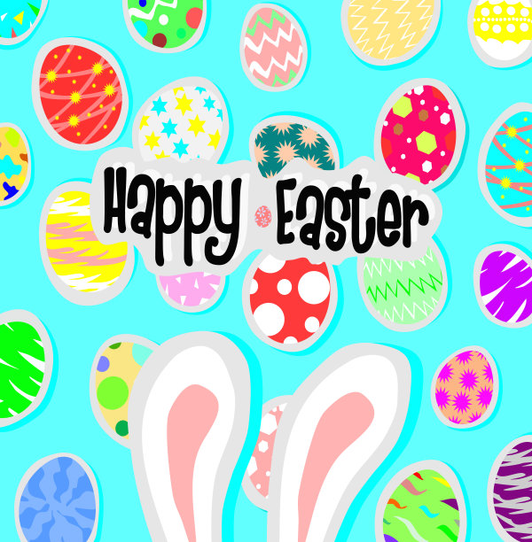 大兔子耳朵和鸡蛋在蓝色的背景，快乐的复活节概念，假期向量图片下载