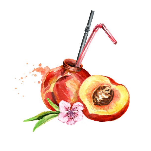 自然的桃汁。水彩手绘插图，孤立的白色背景素材图片
