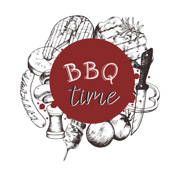 线艺术手绘卡片模板与烧烤的背景。春季和夏季派对邀请图片下载