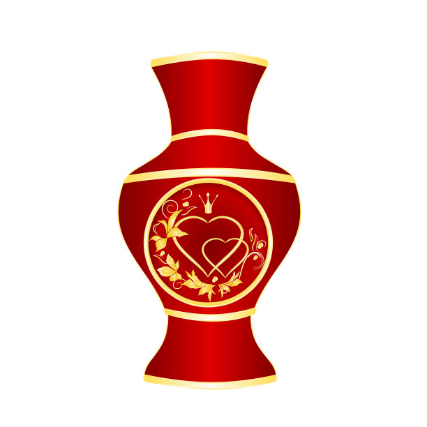 红瓷瓶黄金装饰心与皇冠和叶复古矢量插图编辑图片下载