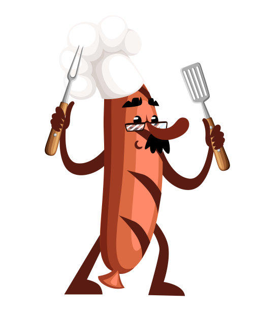 烤香肠个性设计。香肠吉祥物手持烧烤工具。厨师的概念。矢量插图孤立在白色背景。网站页面和移动应用程序设计图片下载