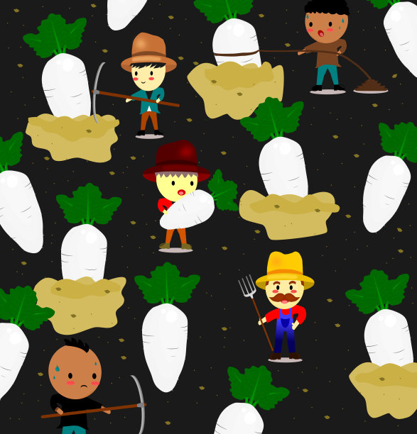 图案以可爱的白萝卜和农田上的农民、蔬菜和工人卡通风格，矢量。图片下载