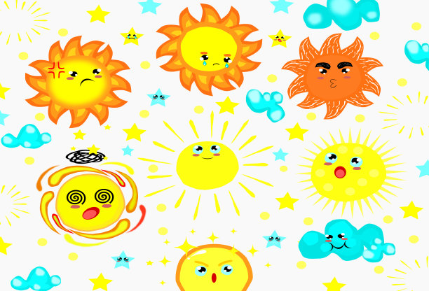 收集可爱的太阳，矢量，卡通风格。图片下载
