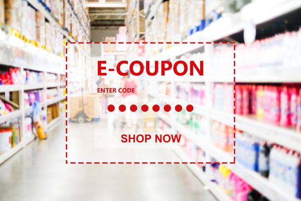 电子优惠券，折扣券网页横幅模糊杂货背景，网上购物推广，网上购物，数字营销，业务和技术概念图片下载