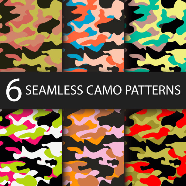 6套伪装无缝模式背景与黑色阴影。经典服装风格掩蔽迷彩重复印花。明亮的颜色森林纹理。矢量插图网页设计和衣服。图片下载
