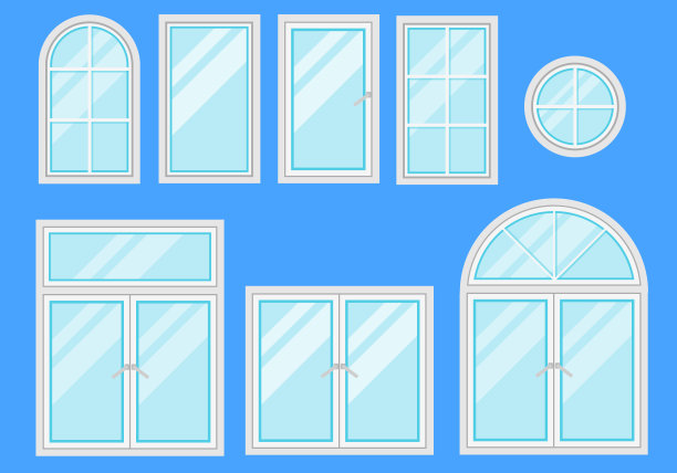 有一套不同框架设计的窗户。闪亮的新窗户，白色的窗框图片下载
