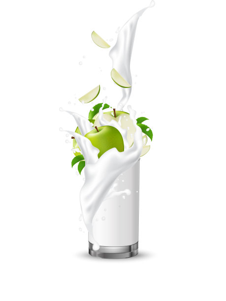 苹果汁溅入杯中，并打旋。苹果片掉在杯子里。奶油倒波酸奶包装模板。图片下载